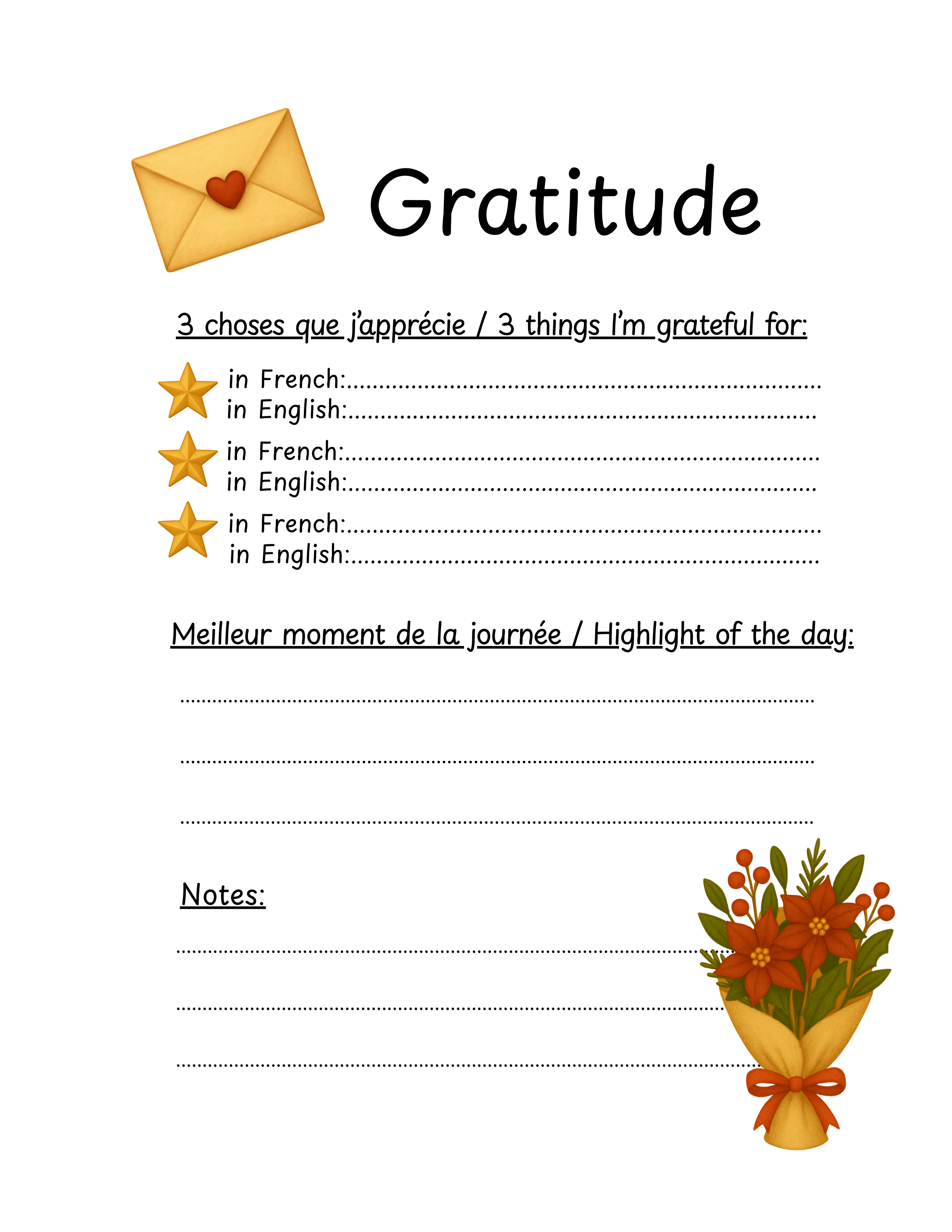 Bilingual Gratitude Pages | French-English Printable Journaling Sheets (A4 & US Letter)