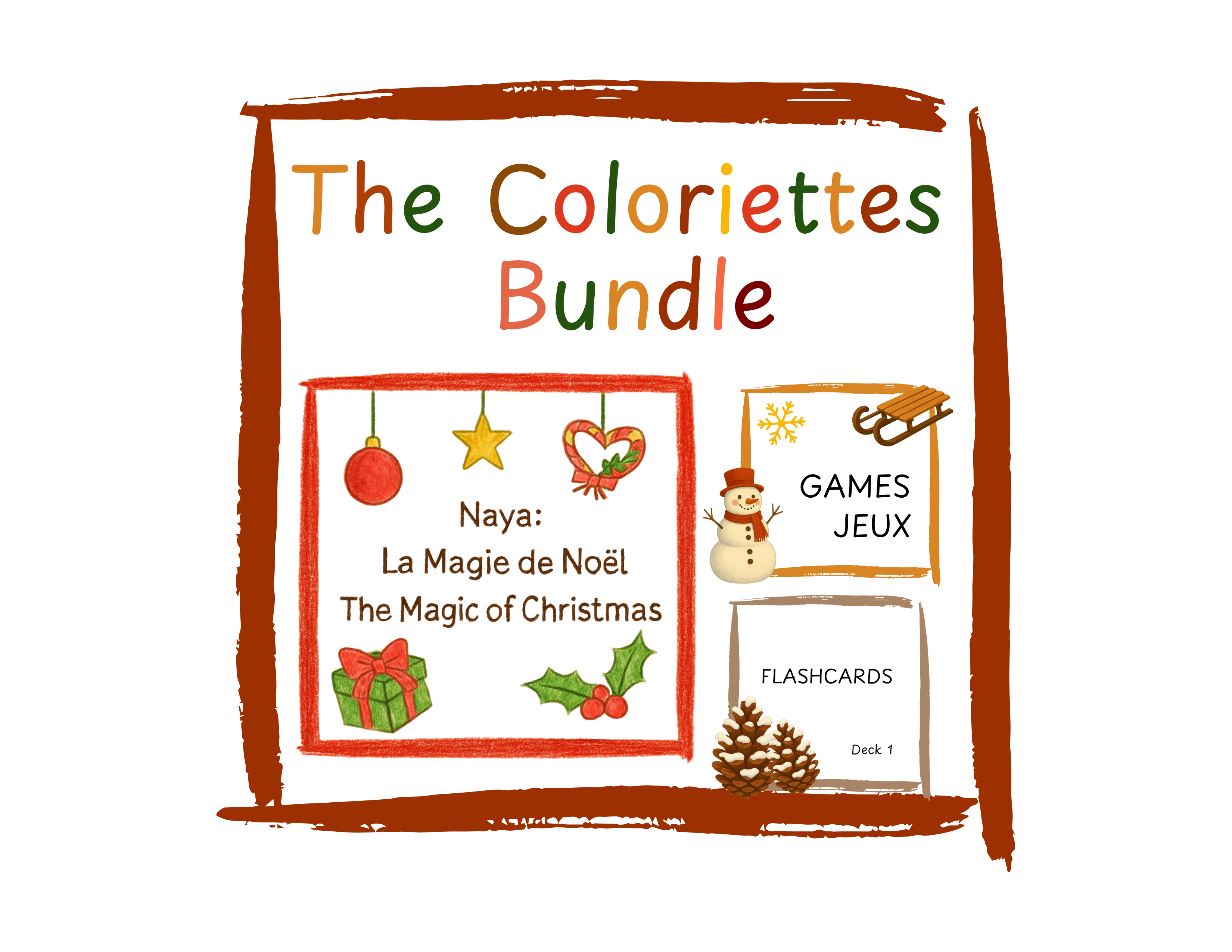 The Coloriettes Bundle | Bilingual Learning Bundle for Kids | French-English Printable Pack | Narrative Coloring Book, 10 Word Games & 40 Vocabulary Flashcards